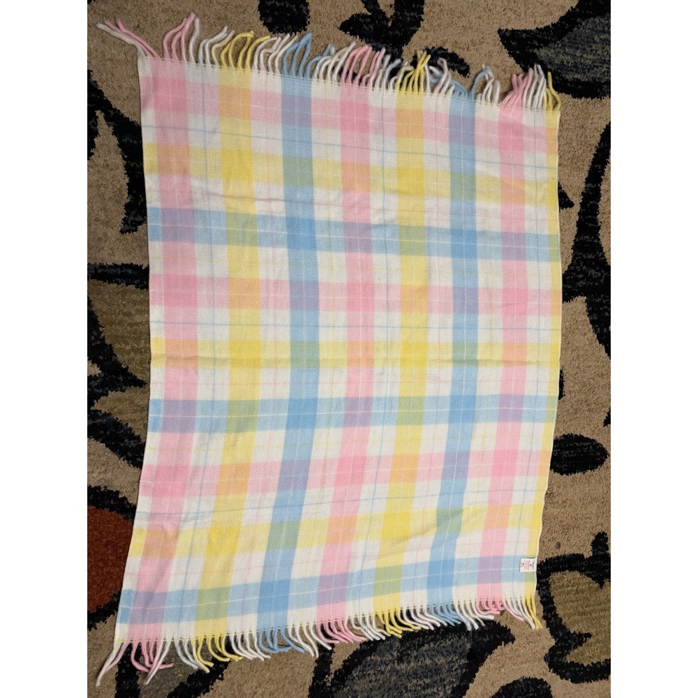 Tennessee Woolen Mills Vintage Pastel Plaid Baby Blanket Acrylic Fringe USA Made